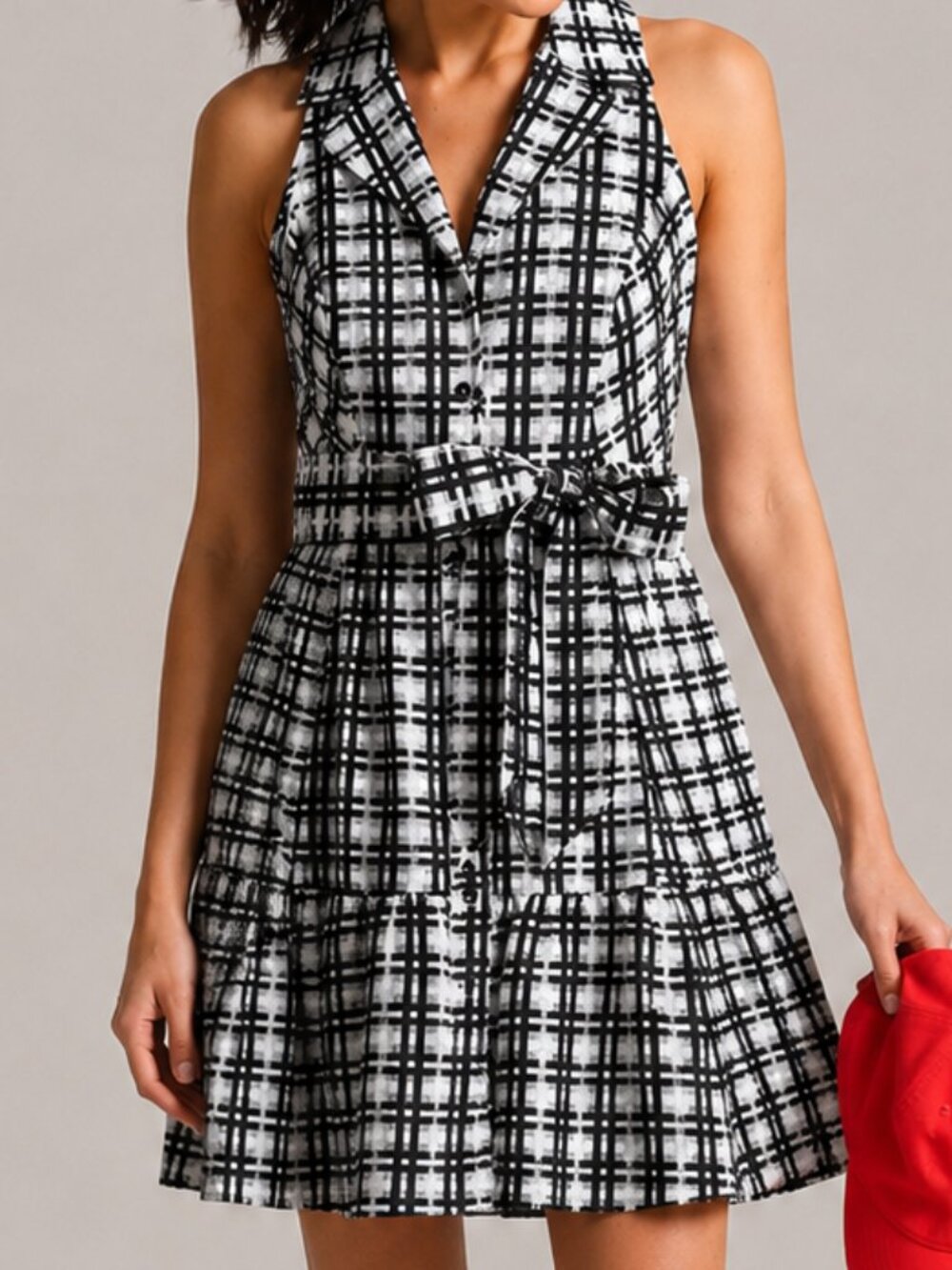 Anthropologie Maeve Black & White Plaid Sleeveless Tie Waist Mini Dress Size 4